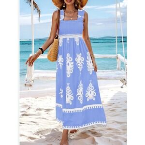 PRETTY GARDEN Preppy Flowy Summer Coastal Beach Blue Smocked Midi Sundress SMALL